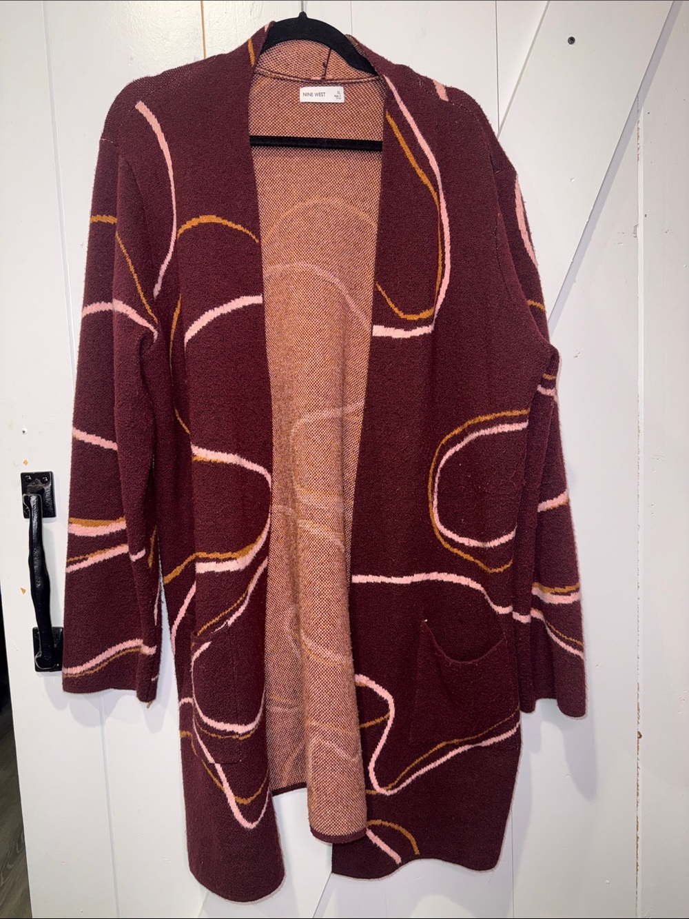 Nine West Maroon Open-Front Cardigan with Pink & Mustard Swirl